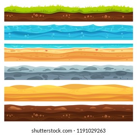 Seamless ground surface. Green grass land landscape, sandy desert and beach with sea water. Grounds layers texture for game level development, geology vector cartoon isolated set