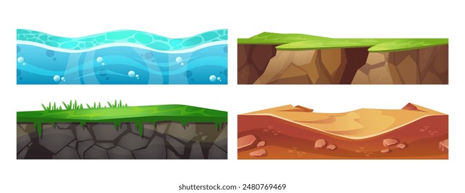 Seamless ground texture set for game ui design. Vector cartoon illustration of sea underwater, soil with green grass, rocky surface, sandy desert layers, underground patterns for gaming landscape