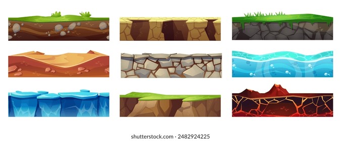 Seamless ground texture set for game ui design. Vector cartoon illustration of sea underwater, soil with green grass, rocky surface, sandy desert layers, underground patterns for gaming landscape