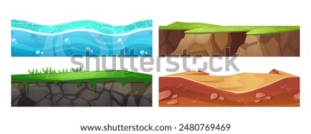 Seamless ground texture set for game ui design. Vector cartoon illustration of sea underwater, soil with green grass, rocky surface, sandy desert layers, underground patterns for gaming landscape