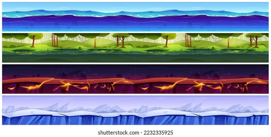 Seamless ground textures of game levels. Horizontal landscapes of summer forest with swamp, ice land, cracked soil with lava and sea with blue water, vector cartoon set