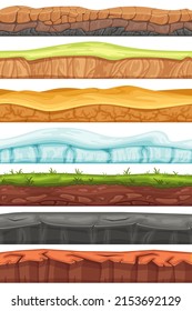 Seamless grounds. Cartoon land layers, grass field and foreground soils for game background vector set. Desert with sand, iced water and rock landscape. Horizontal different level structures