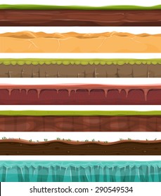 Seamless Grounds, Land And Soil For Ui Game/
Illustration of a set of seamless grounds, soils and land foreground area with ice, desert, beach, sand, roots and grass layers and patterns for ui game