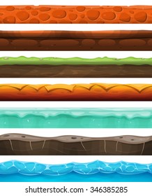 Seamless Grounds, Land And Soil For Ui Game/
Illustration of a set of seamless grounds, soils and platform foreground with ice, water, desert, strange, sand, roots and grass layers for ui game