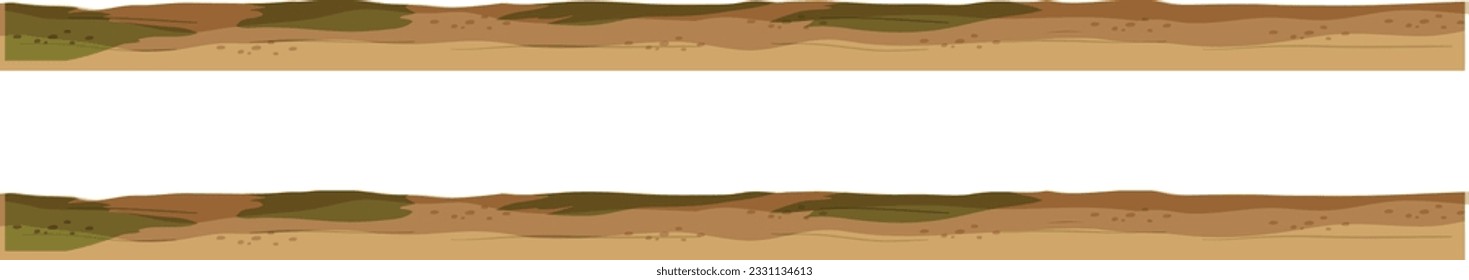 Seamless grounds and land surface types set. Sand dunes in desert, green meadow with grass, ground with stones, cracked dried soil and water flat vector on white. UI game environment design element