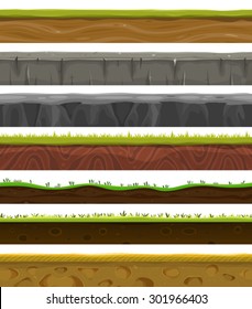 Seamless Grounds, Soil And Grass For Ui Game/
Illustration of a set of various seamless grounds, soils and land foreground area with blades of grass layers, rocks and underground patterns