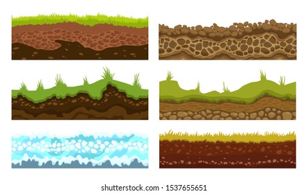 Seamless grounds, soils and land vector set for UI games. Surface water stone grass snow ice illustration.