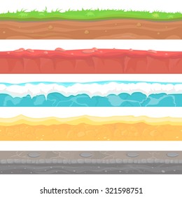 Seamless grounds, soils and land vector set for UI games. Water stone grass snow sand