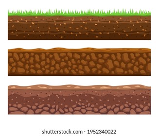 Seamless grounds or soils vector illustrations set. Cartoon collection of soil layers, earth or dirt with grass and stones, meadow on white background. Texture, geology, land surface ground concept