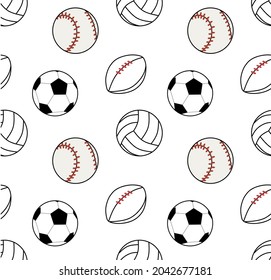 Seamless group of balls outline.foot ball,tennis ball,volley ball,super bawl ball