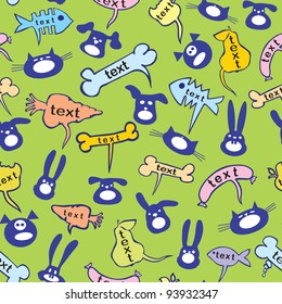 Seamless group of cats, dogs, rabbits and caterpillars. Cloud for the text in the form of bones and vegetables.