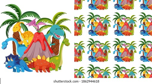 Seamless and group of cute dinosaurs and volcano isolated on white background illustration