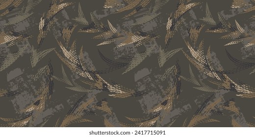 seamless grunge arrows pattern in military colors. Camouflage ornament with dots stripes. Urban style background with textured geometric elements. Grunge wallpaper for textile, clothes, wrapping paper