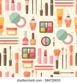 Seamless grunge background with cosmetics flat icons.