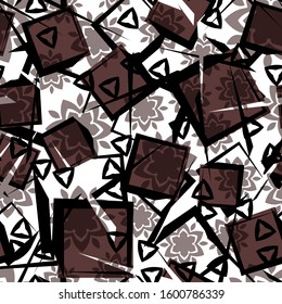Seamless grunge background. Pattern of flowers and squares.