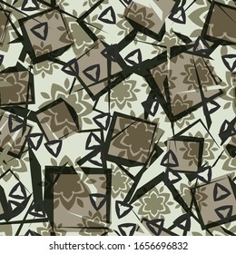 Seamless grunge background. Pattern of flowers and squares.