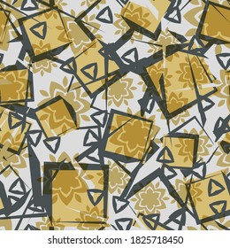 Seamless grunge background. Pattern of flowers and squares.