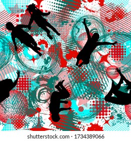 Seamless grunge background spot and elements of halftone. With kids silhouettes. Vector illustration