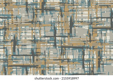 Seamless grunge checked pattern. Blue, yellow and grey geometric texture background.