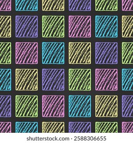 Seamless Grunge Colorful Pattern of Chalk Drawn Sketches Squares on Dark Chalkboard Backdrop. Checkered Graphic Print. Continuous Background of Crayon-Drawn Geometric Figures on  Blackboard.