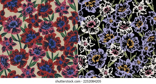 SEAMLESS GRUNGE DISTRESSED HAND PAINTED FLORAL PATTERN SWATCHES.