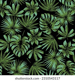 SEAMLESS GRUNGE DISTRESSED HAND PAINTED DRAWN TROPICAL FERN PALM FLORAL PATTERN SWATCH	