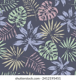 SEAMLESS GRUNGE DISTRESSED HAND PAINTED FERN PALM FLORAL PATTERN SWATCH