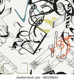 Seamless grunge doodle background. Hand drawn abstract letters. Vector backdrop.