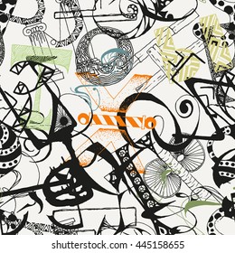 Seamless grunge doodle background. Hand drawn abstract letters. Vector backdrop.