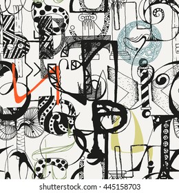 Seamless grunge doodle background. Hand drawn abstract letters. Vector backdrop.