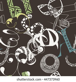 Seamless grunge doodle background. Hand drawn abstract letters. Vector background.