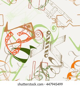Seamless grunge doodle background. Hand drawn abstract letters. Vector background.