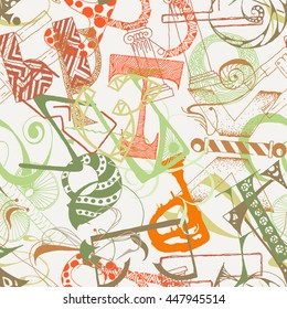 Seamless grunge doodle background. Hand drawn abstract letters. Vector background.