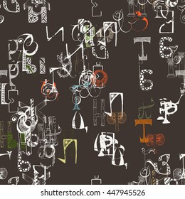 Seamless grunge doodle background. Hand drawn abstract letters. Vector background.