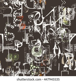 Seamless grunge doodle background. Hand drawn abstract letters. Vector background.