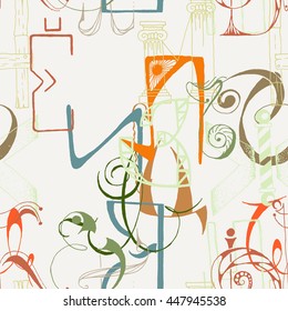 Seamless grunge doodle background. Hand drawn abstract letters. Vector background.