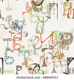 Seamless grunge doodle background. Hand drawn abstract letters. Vector background.