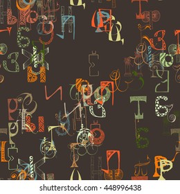 Seamless grunge doodle background. Hand drawn abstract letters. Vector background.