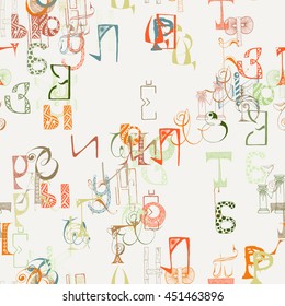 Seamless grunge doodle background. Hand drawn abstract letters. Vector background.