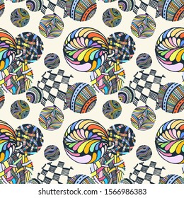 Seamless grunge doodle modern pattern. Geometry circle fabric sample. Abstract vector illustration