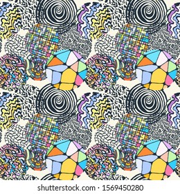 Seamless grunge doodle modern pattern. Geometry circle fabric sample. Abstract vector illustration
