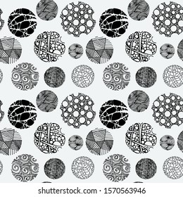Seamless grunge doodle modern pattern. Geometry circle fabric sample. Abstract vector illustration