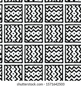 Seamless grunge doodle modern pattern. Geometry square fabric sample. Abstract vector illustration