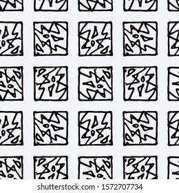 Seamless grunge doodle modern pattern. Geometry square fabric sample. Abstract vector illustration