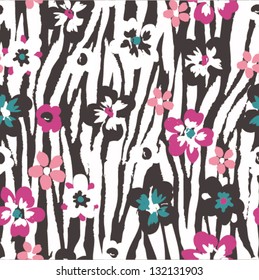 seamless grunge flower vector pattern on zebra background