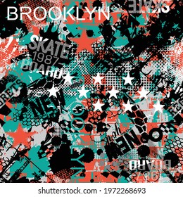 Seamless Grunge geometric pattern for girls, boys, fashion textile, sport clothes. Urban modern design with curved squares, shape, spray paint elements. Chaotic guys repeated monochrome backdrop 