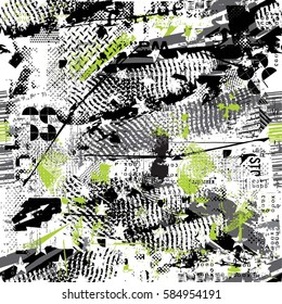 Seamless Grunge geometric pattern for girls, boys, fashion textile, sport clothes. Urban modern design with curved squares, shape, spray paint elements. Chaotic guys repeated backdrop 