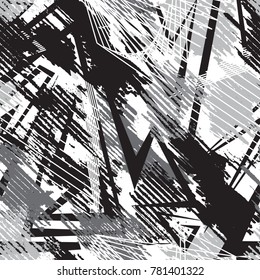 Seamless Grunge geometric pattern for girls, boys, fashion textile, sport clothes. Urban modern design with curved squares, shape, spray paint elements. Chaotic guys repeated monochrome backdrop 