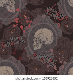 seamless grunge gothic pattern with skulls in vintage frames and black roses and halloween text