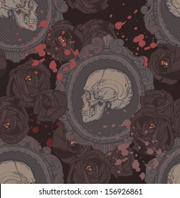 seamless grunge gothic pattern with skulls in vintage frame and black roses